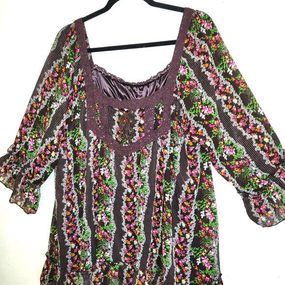 Crazy Angel Peasant Top 2X 3X Cottage Core Floral Sheer Lined BOHO Festival VTG - Picture 2 of 16